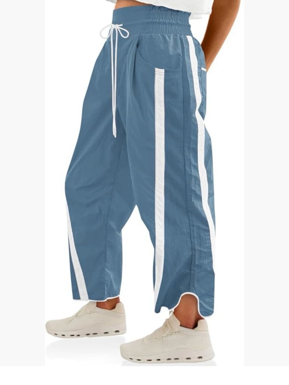 Women’s baggy wide leg Blue Track Pants with White Stripe